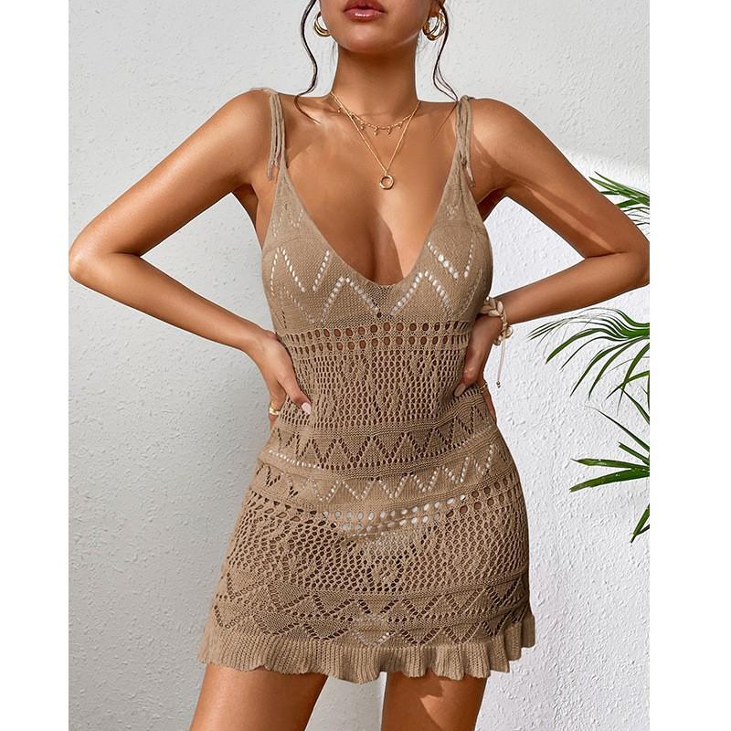 Women's Short Knitted Suspender Hollow Dress Knitted Beach Dress