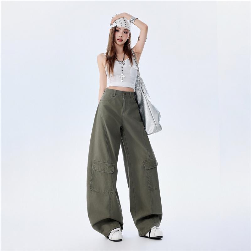 2026 Spring Trendy Military Green Curved Leg Workwear Jeans – Casual, Loose, and Versatile Drape for Women