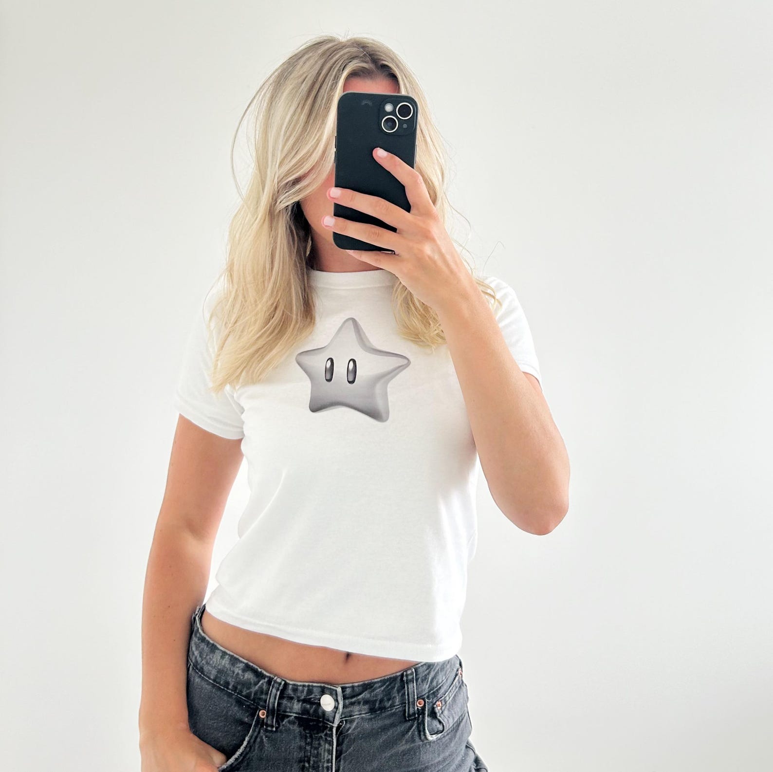 Y2K Silver Star Baby Tee, Cropped Fit, Handmade 3XL