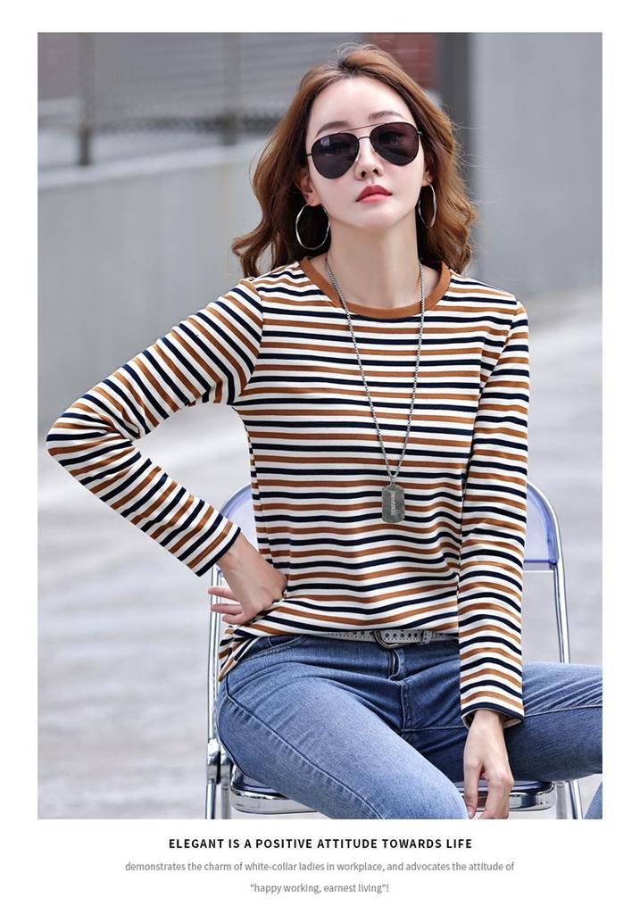 2024 Autumn/Winter Women's Korean Style Striped Long Sleeve Round Neck T-shirt, Thickened Base Layer Top