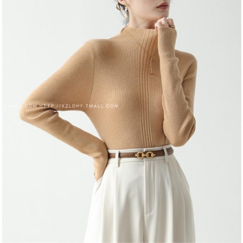 Women's Knitted Sweater Autumn/Winter New Style Apricot Long Sleeve Half High Collar Bottom Shirt