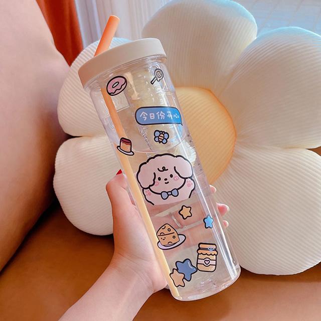 700ML Cute Clear Plastic Water Bottle For Girls With Straw Tea Strainer Stickers Summer Large Capacity Bubble Juice Drink Cup