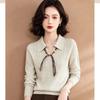 Women's Ribbed Knit Long-Sleeve Collared Sweater with Ribbon Detail