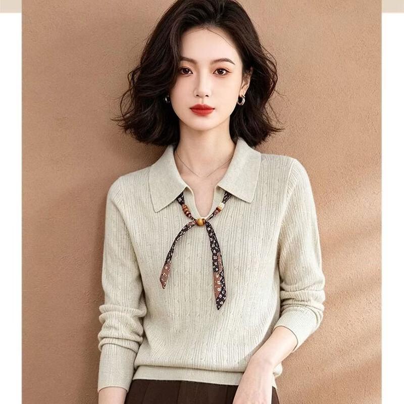Women's Ribbed Knit Long-Sleeve Collared Sweater with Ribbon Detail