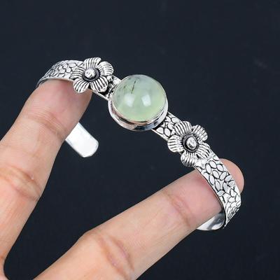 Gift For Women Bangle Flower Adjustable 925 Silver Natural Moss Prehnite