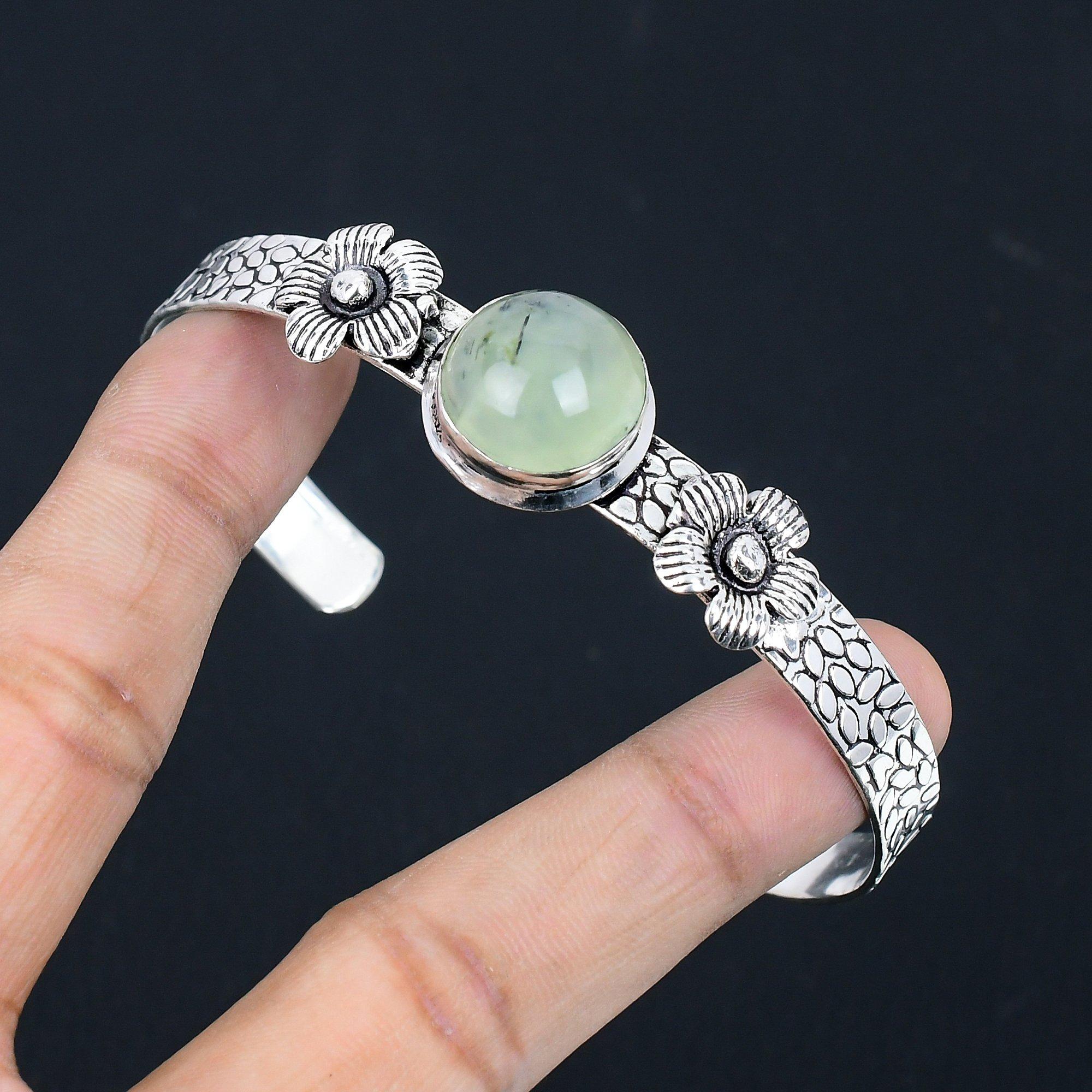 

Gift For Women Bangle Flower Adjustable 925 Silver Natural Moss Prehnite Adjustable