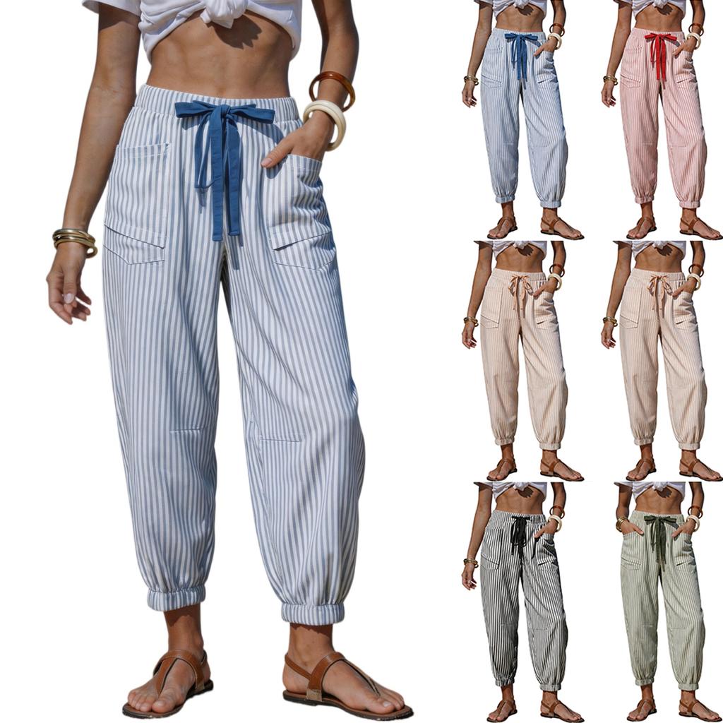 Pantaloni Casual a Righe da Donna con Coulisse in Vita e Tasche, Leggeri, Polsini Elasticizzati, Lunghezza alla Caviglia, Pantaloni Jogger