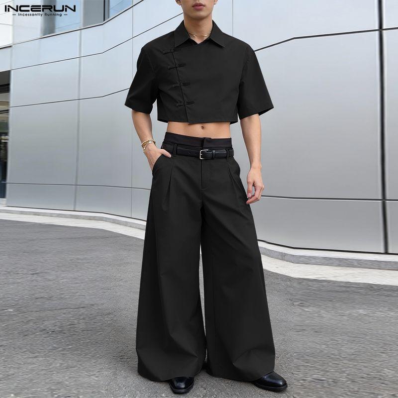 INCERUN Two Pieces Summer Men Lapel Neck Short Sleeve Cropped Tops and Pants Sets