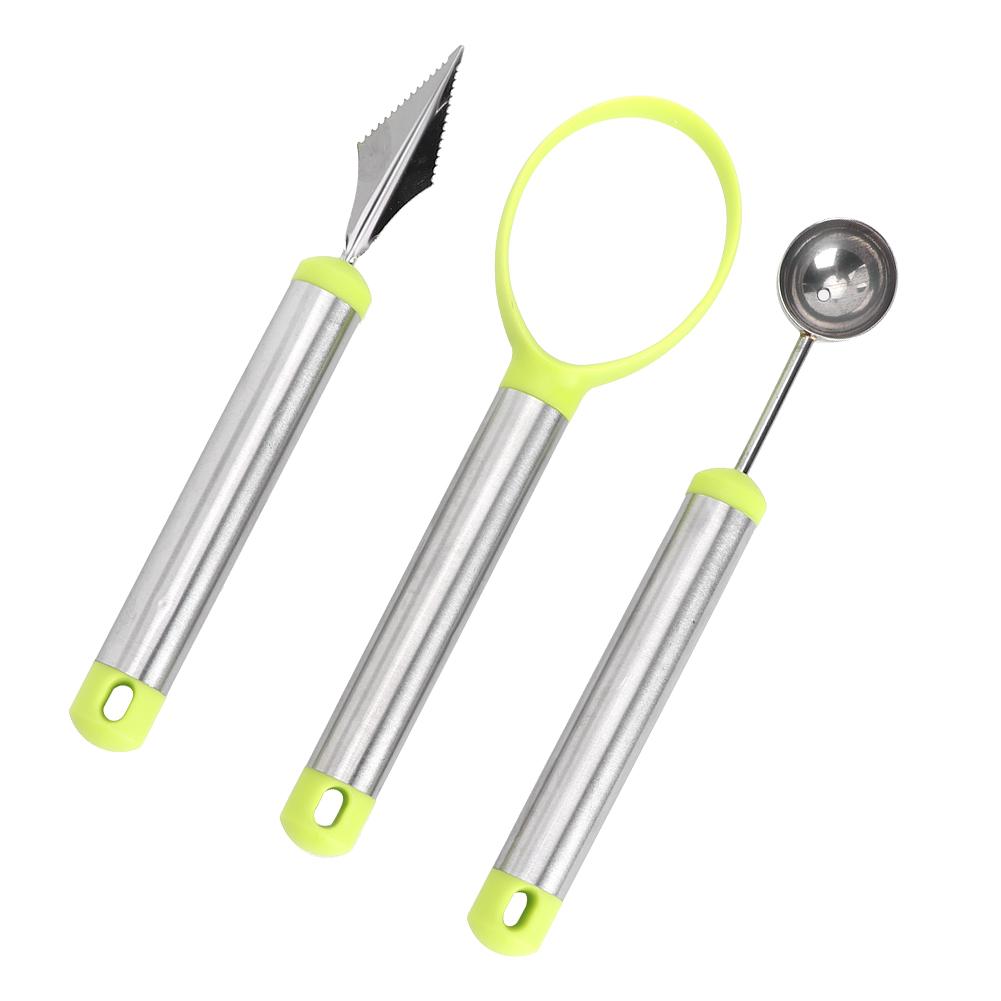 3pcs Multi Function Fruit Carving Device Wat Melon Scoop Melon Digg  Fruit Pulp   Removal Tool(3pcs Set GreenSilv )