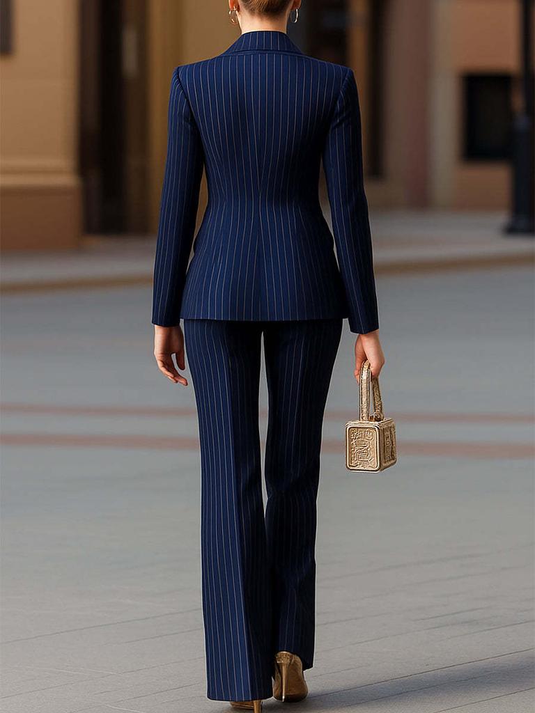 Autumn Hot Sale Temperamental Commute Slim Fit Color Block Long Sleeve Suit Pants Set Women's Clothing
