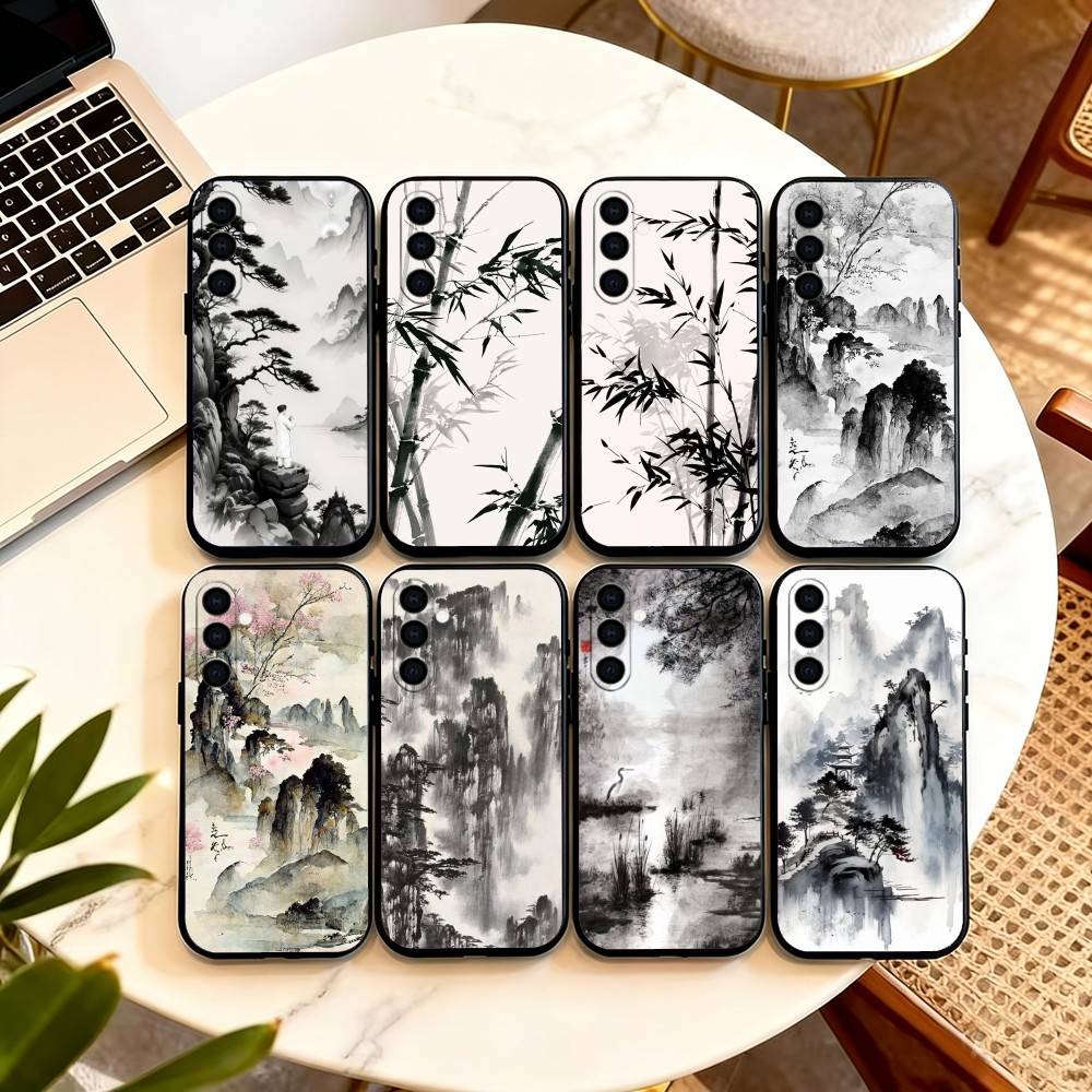 Chinese l-landscape Phone Case Black Silicone Soft For Samsung Galaxy A73,A72,A71,A70,A53,A52,A51