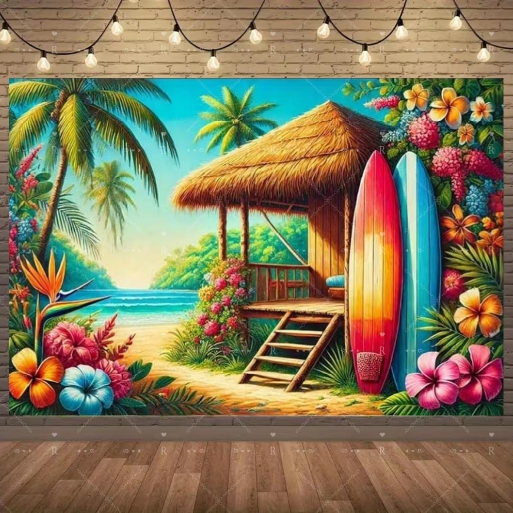 Summer Beach Holiday Party Decoration Backdrop Sunshine Flamingo Ocean Surfboard Portrait Photography Background Props Banner