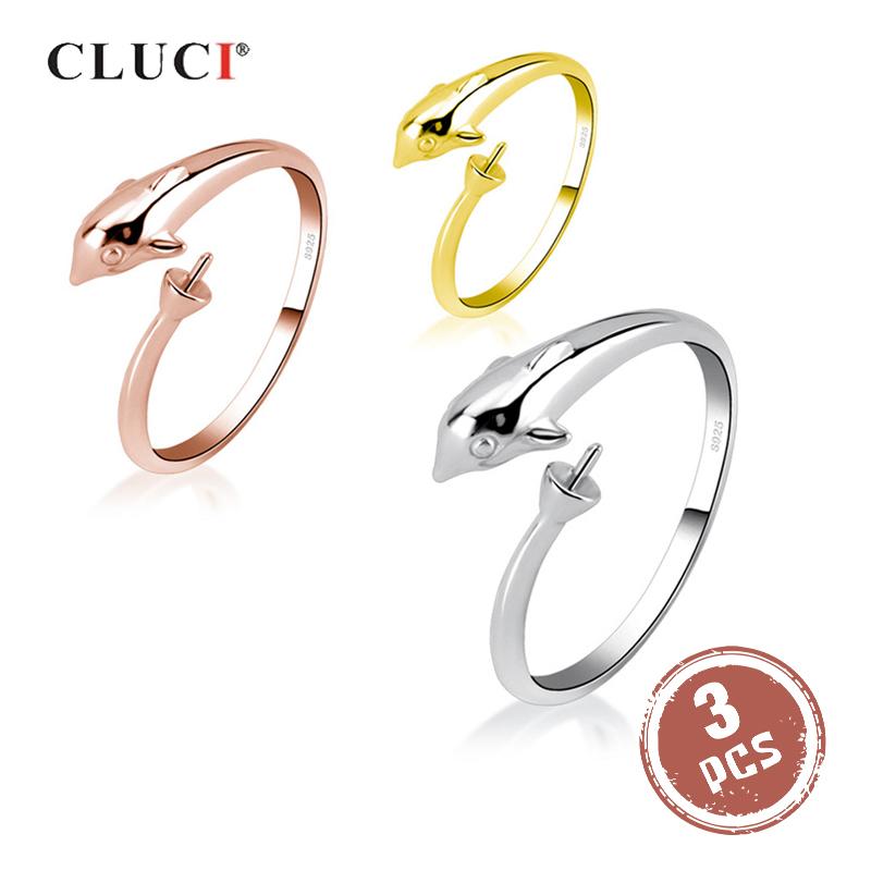 CLUCI 3pcs 925 Silver Cute Dolphin Animal Rings for Women Jewelry Silver 925 Adjustable Pearl Ring Mounting SR2002SB resizable золотой