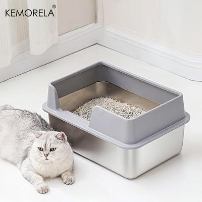 Bac à litière extra large en acier inoxydable pour chat avec enclos à parois hautes anti-adhésif étanche facile à nettoyer comprend couvercle