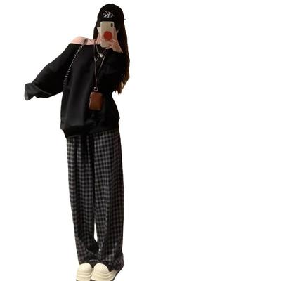 Black and Gray Velvet Plaid Pants for Women In Autumn and Winter New Straight-leg High-waisted Slim Small Casual Wide-leg Pants