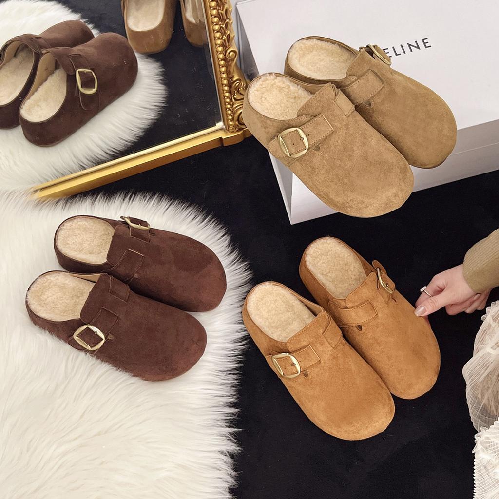 Thick bottom inner height increase velvet bag head Birken slippers women's 2025 new autumn and winter retro one-pedal Birken slippers