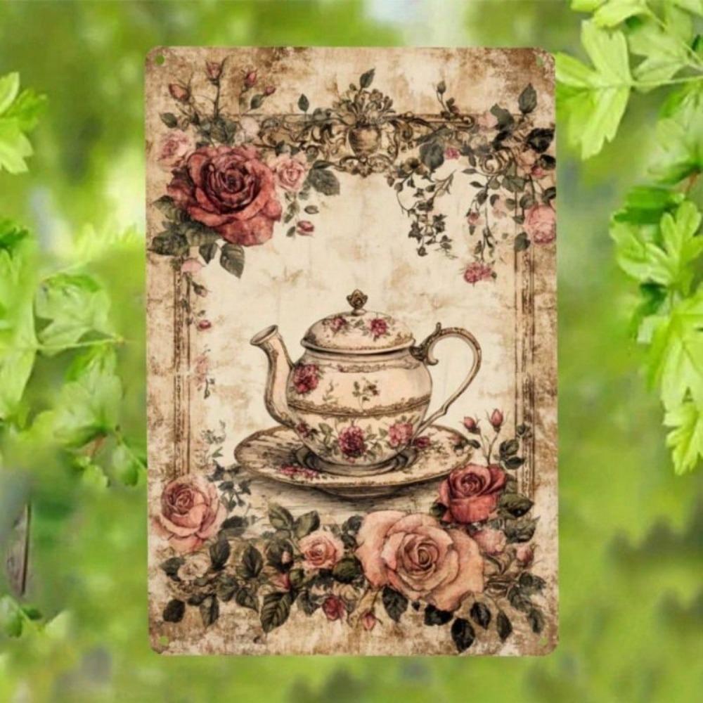 Vintage Kettle with Roses Metal Wall Poster for Country Kitchen