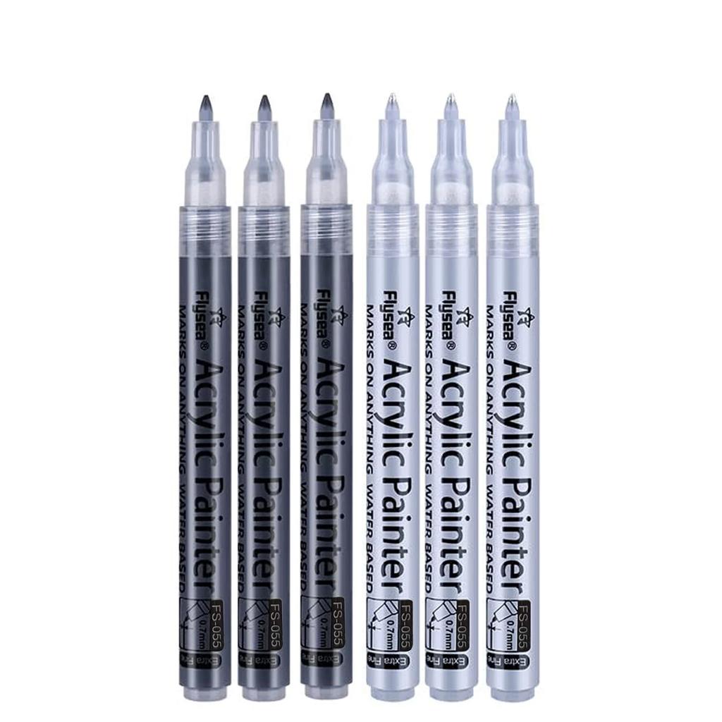 6Pcs/set 4 Colors (Black/White/Gold/Silver) Acrylic Paint Markers pen,0.7mm Extra Fine for Ceramic, Metal, Paper, Drawing, DIY