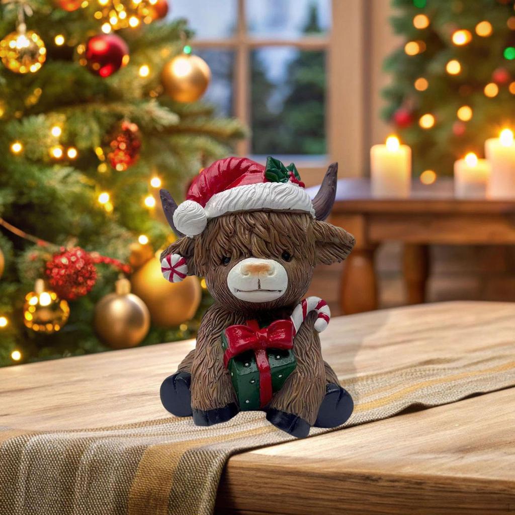 Christmas Cow Statue Figurine Collection Festival Desktop Ornament for Shelf Farmhouse Dining
