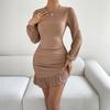 Women's Fashion Ruffled Hem Ruched Bodycon Dress With Round Neck, Long Sleeves And Solid Color