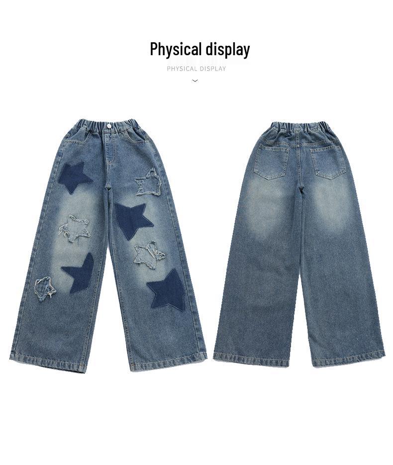 2025 Korean Style Girls' Wide-Leg Autumn Pants with Star Applique Embroidery