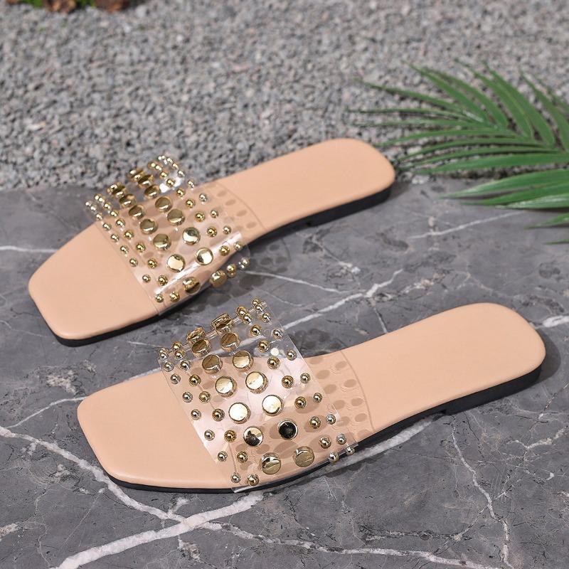 Fashion Women's Flat Sandals Summer New Style Square Head Shallow Mouth Rivet Transparent with Soft Sole Non-slip Slippers