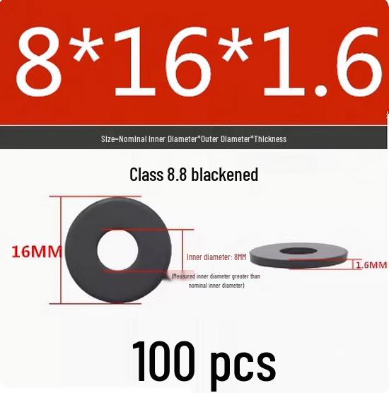 Blackened Flat Washer Gasket - Grade 8.8, Sizes M3 to M24