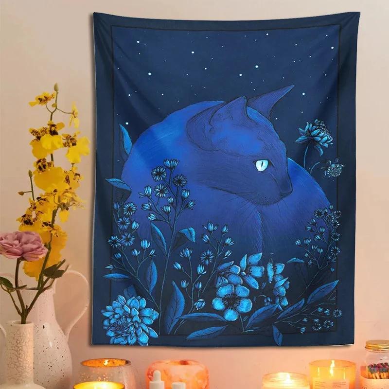 Mystical Blue Cat Tapestry Flat Print Starry Sky Floral Wall Hanging Dark Aesthetic Decor for Bedroom  Dorm Perfect Gift