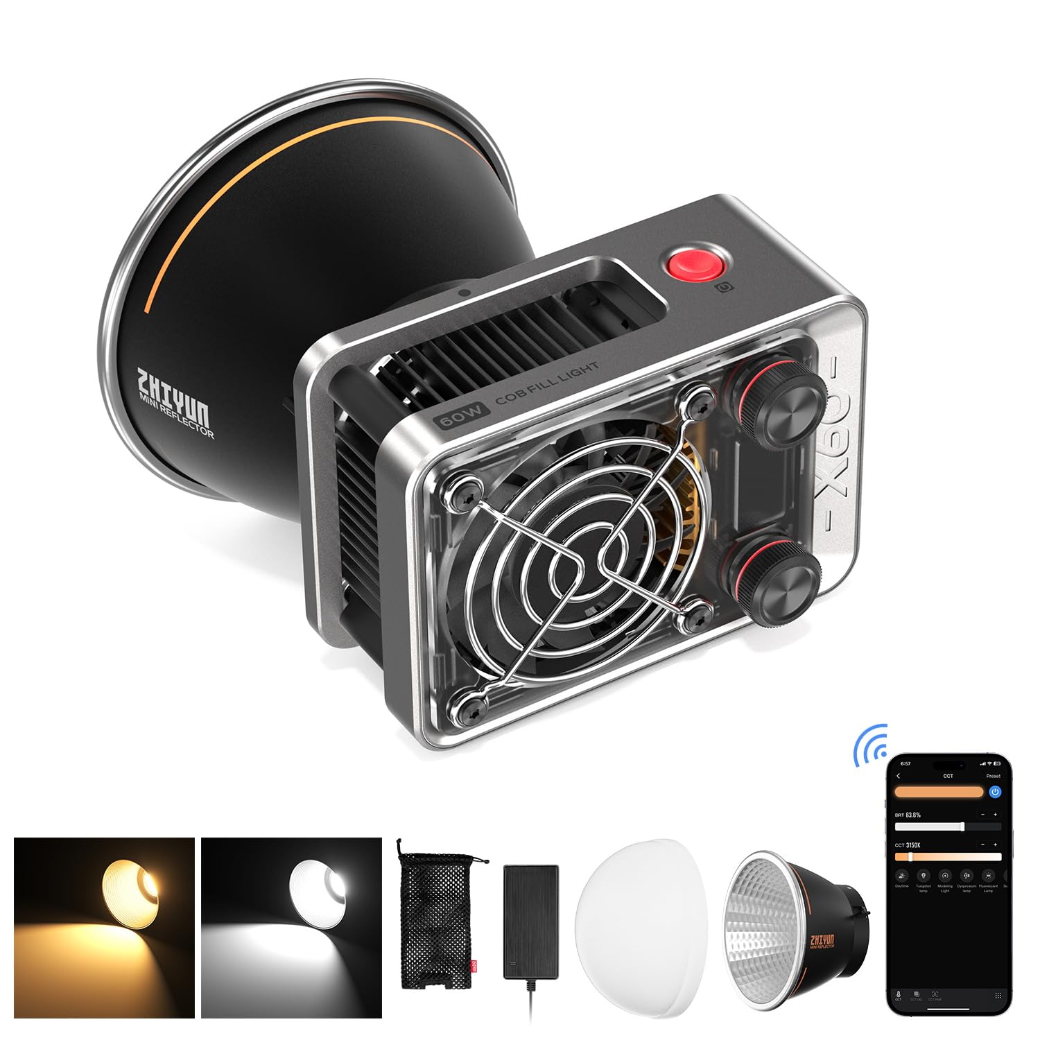 

Flagship ZHIYUN MOLUS X60 Video 60W COB Color Temperature Weight Lightweight and App for Outdoor Studio Live TVC Product Portrait and Includes a