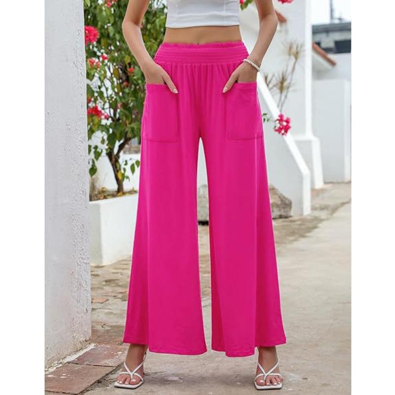 Fashion Loose Elastic Waist Women's Wide Leg Pants High Waist Casual Office Simple Office Trousers with Pockets Solid Color Elegant Clothing