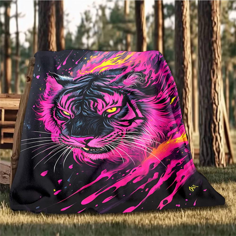 1pc Tiger Art Print Throw Blanket Polyester Fiber, Lightweight Flannel, Soft & Warm, All Season Use for Outdoor, Camping Digital Print