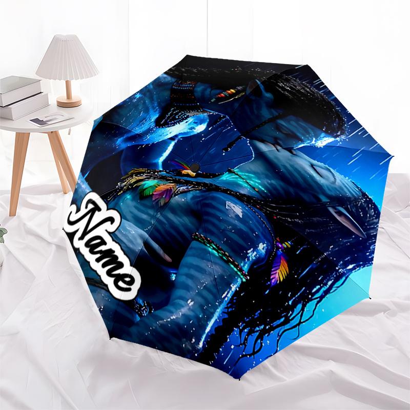 

Avatar Inspired Blue Raincoat with Feather Necklace Automatic Opening Umbrella, Foldable Design, Outdoor Use, Gift for Fans and Travelers018
