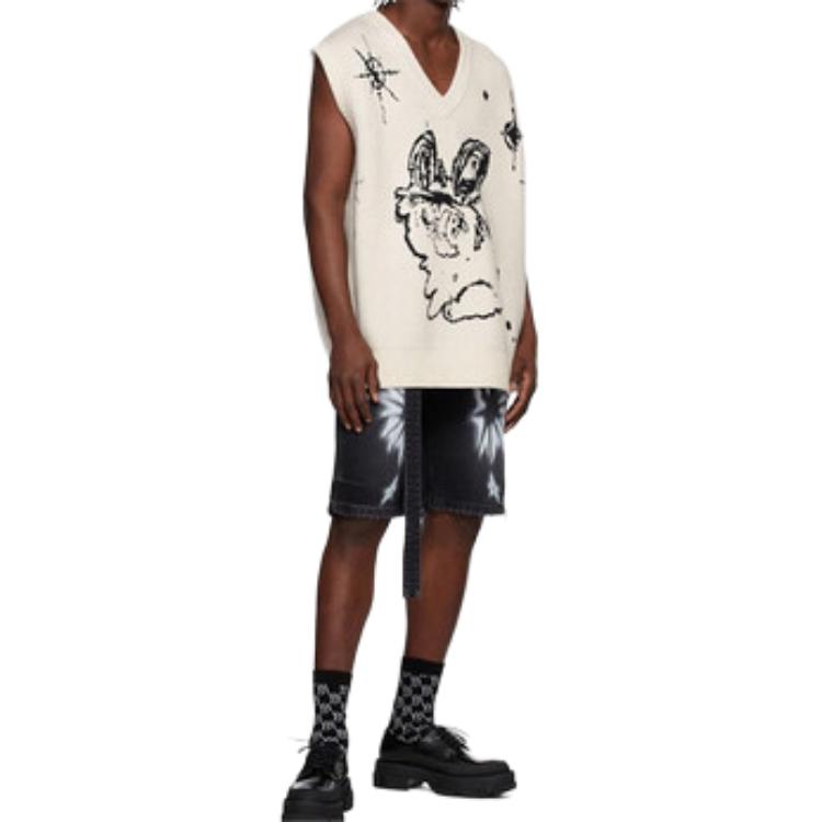 WE11DONE Ss22 Cartoon Monster Jacquard V-Neck Knitted Vest Unisex Vest White WD-KV1-22-645-U-IV