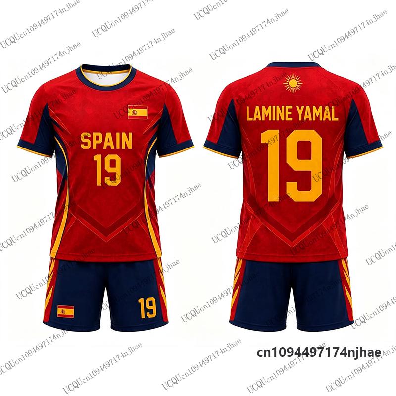 Tuta da Ginnastica per Bambini Spagna Tifosi Yamal #19 Stampa Maglietta+Pantaloncini Set Casual Maglia da Calcio Tuta Sportiva Bambini/Adulti Completo 2 Pezzi