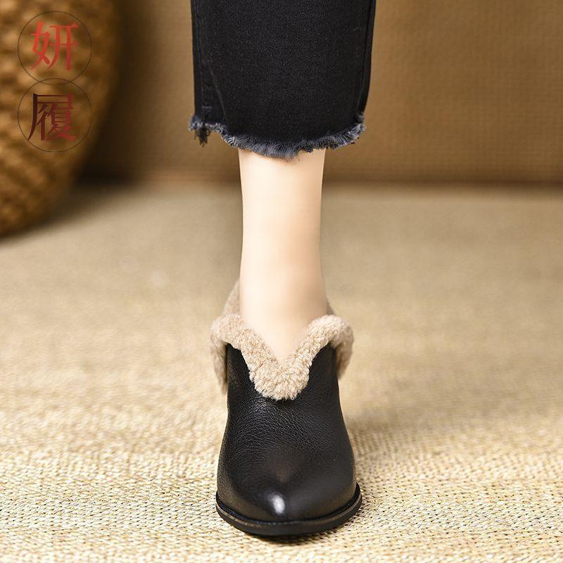 Damskie botki śnieżne do kostki Eleganckie szpiczaste ciepłe buty na średnim obcasie z krótkiego pluszu Kobieta Zima Nowy Trend 2025 Modne Chelsea Botas