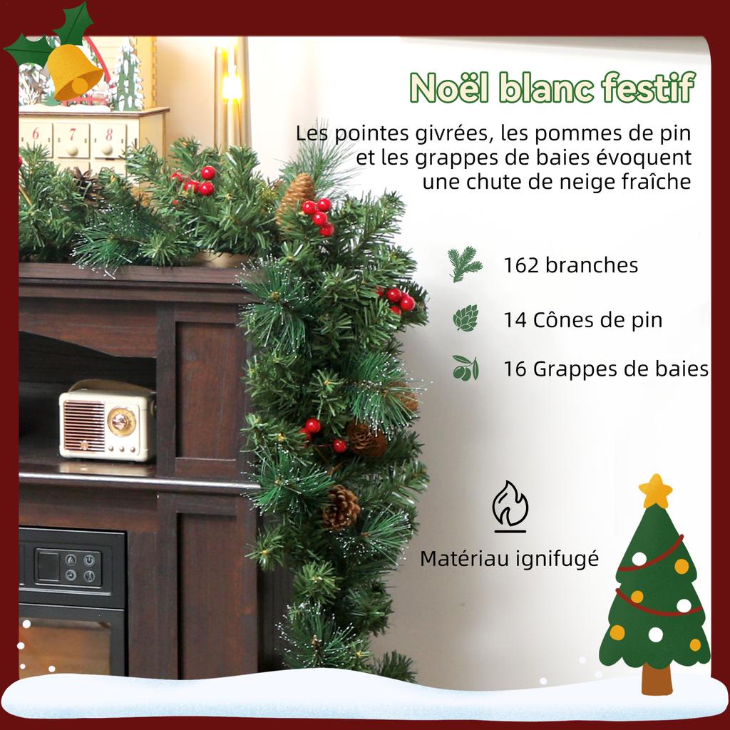Artificial Christmas Garland 180 Cm, Christmas Decoration, 162 Dense Branches, Pine Cones, Berry Bunches, Green