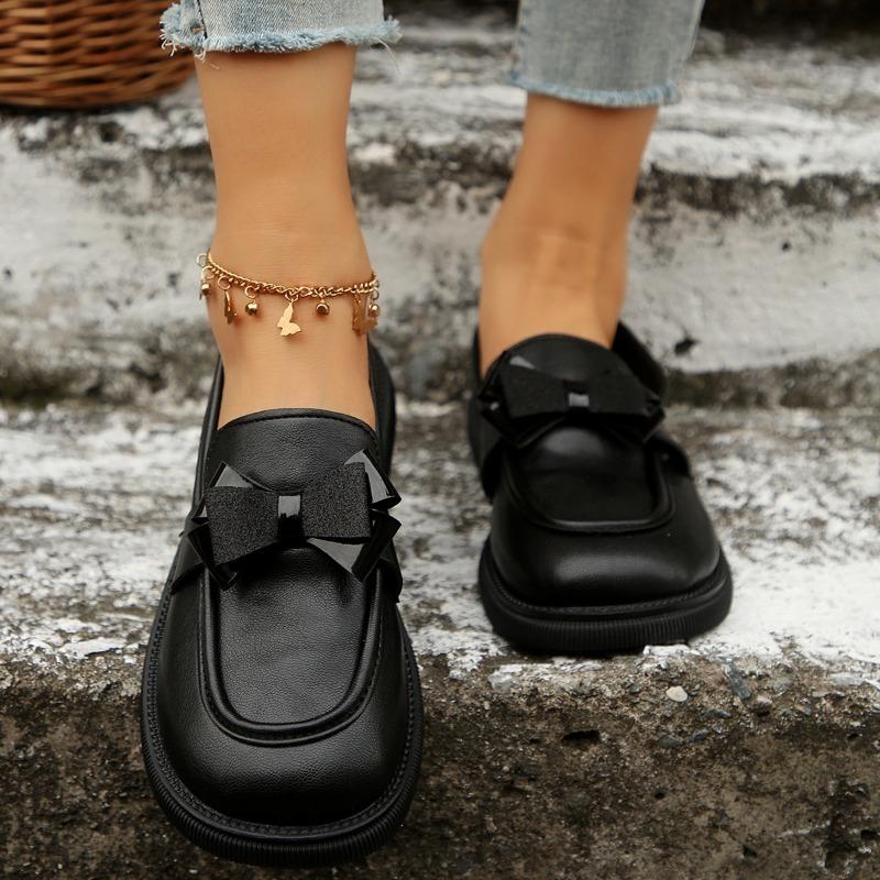 New spring and autumn soft-soled single shoes women's bow retro thick-soled small leather shoes women's thick heel
