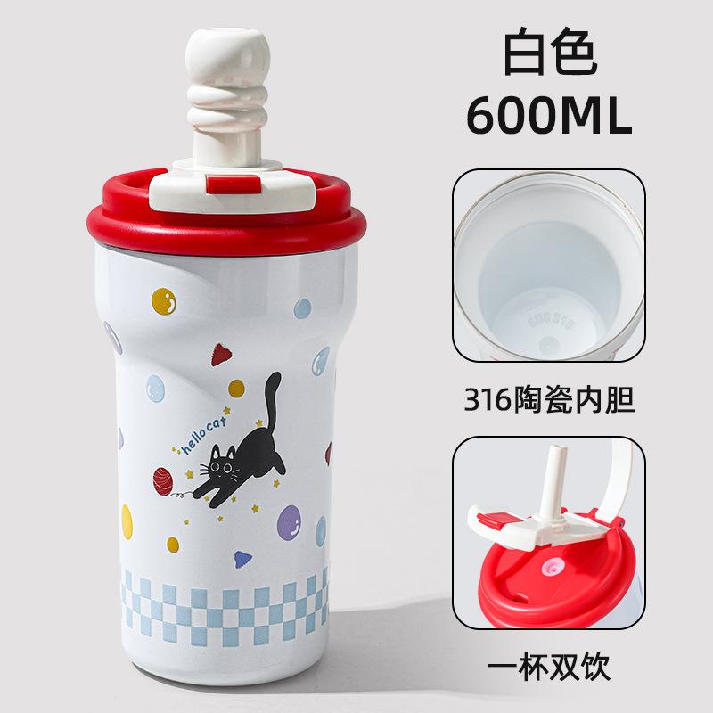 Large-capacity office desktop thermal mug, women's straw cup, cold-retaining, high-value coffee cup  600ml
