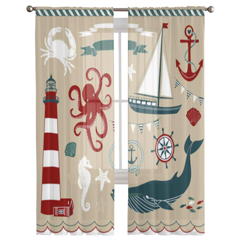 Octopus Lighthouse Anchor Whale Sailboat Crab Sheer Curtains for Living Room Tulle Window Curtain Bedroom Kitchen Veil Drapes