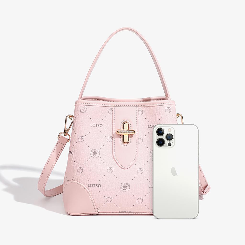 New Disney Strawberry Bear Series PVC Bucket Bag Handbag Women's Strawberry Pink/Cream White BMK-72626