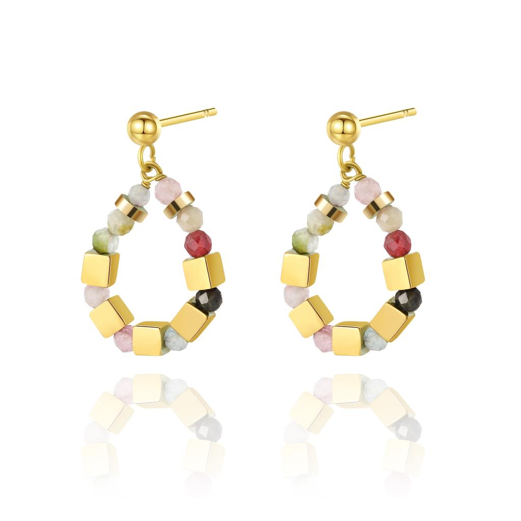 Natural Stone Beaded Spacer Square Dice Stud Earrings Titanium Steel Plated Real Gold Women'S French Retro Stainless Steel Earrings