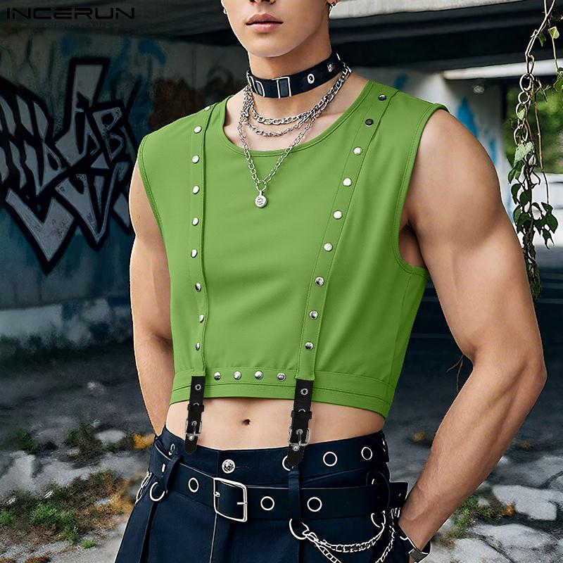 INCERUN Men O Neck Sleeveless Metal Button Patchwork Cropped Tank Tops
