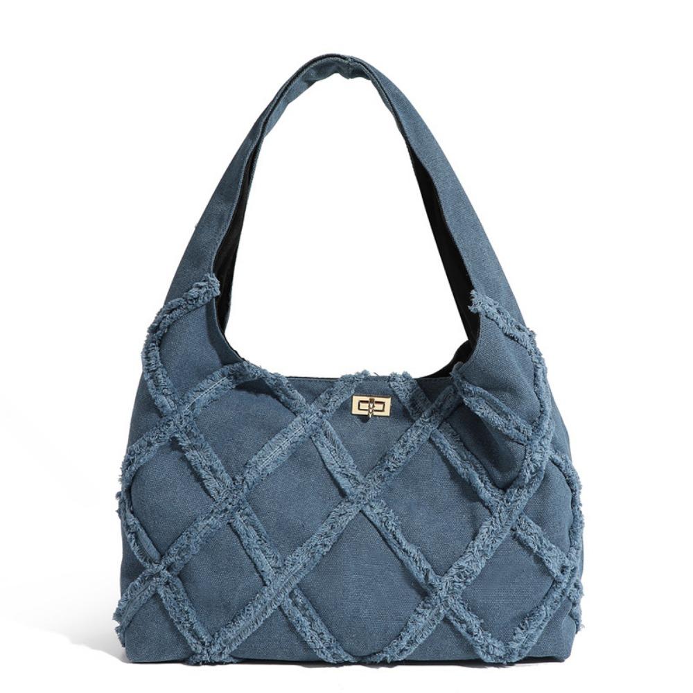 

Korean Style Denim Bag Large Capacity Female Tote Bag Fashion Lattice Handbag Work синий