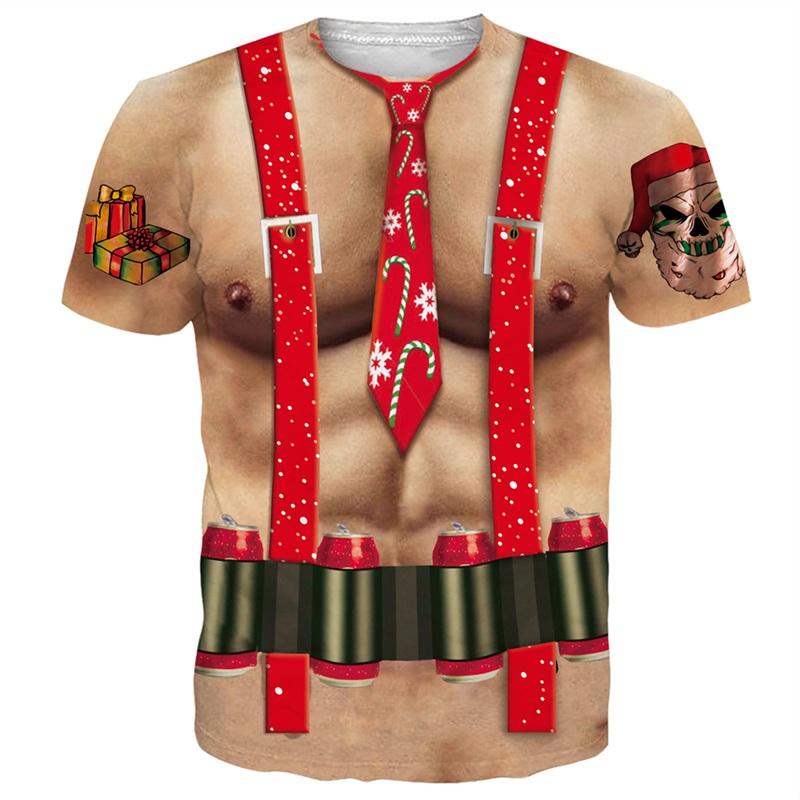 Funny Christmas T-Shirt for Men 3D Muscle Print Short Sleeve O-Neck Streetwear Male Oversized Casual Party Clothing