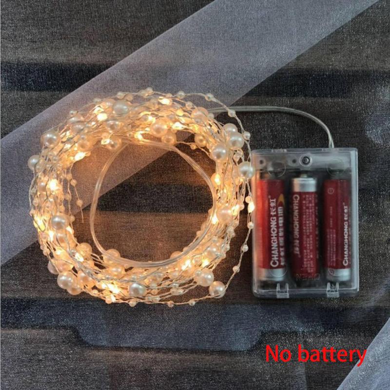 2m 20 LED Battery Operated Copper Wire String Light with Artificial Pearl Xmas Wedding Party Decor