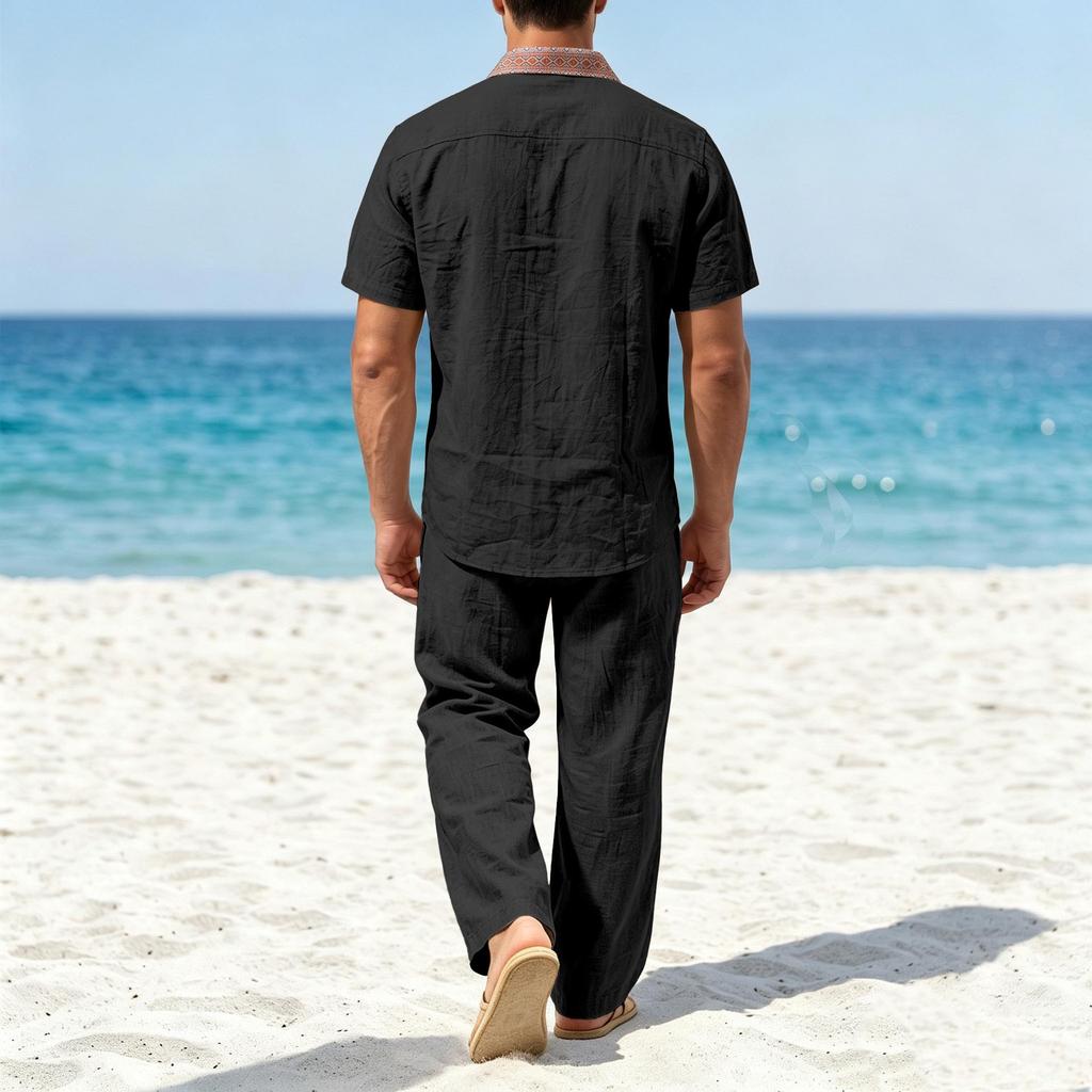 European & American Men's Striped Linen Summer Shirt & Pants Set