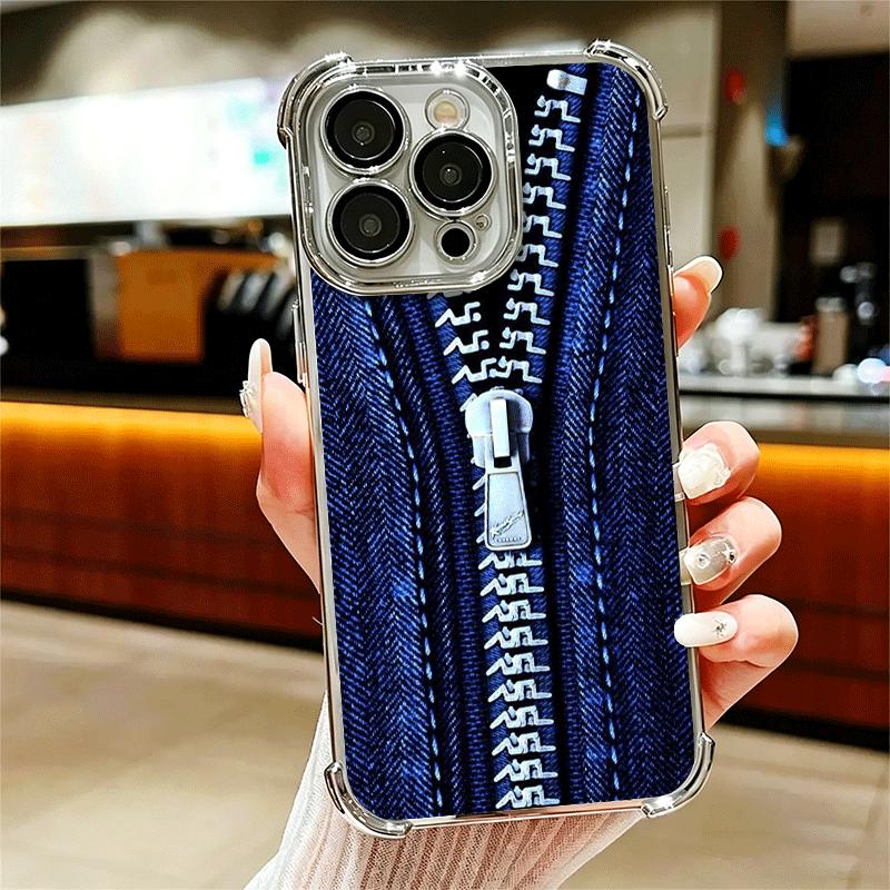 

Retro Zipper Jeans Pattern Soft Phone Case For iPhone 15 16 17 Air 14 Pro Max 16E Plus 13 12 Mini Plating Anti-Fall Fundas iPhone 17 Air