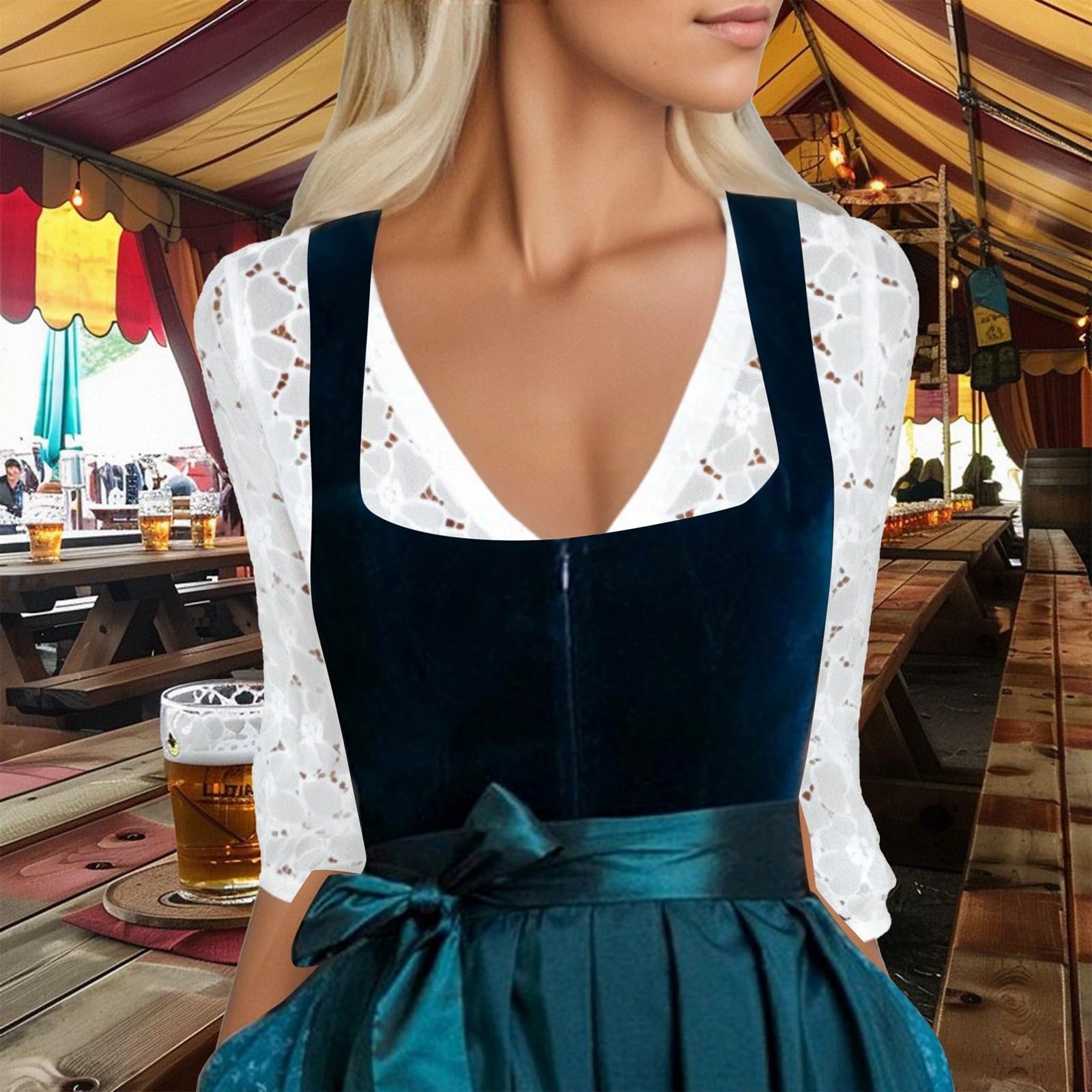 Traditionelles Damen Oktoberfest Dirndl Kleid mit durchbrochener Langarmbluse und ärmellosem Schürzen-Stil Mieder für festliche Anlässe L weiß