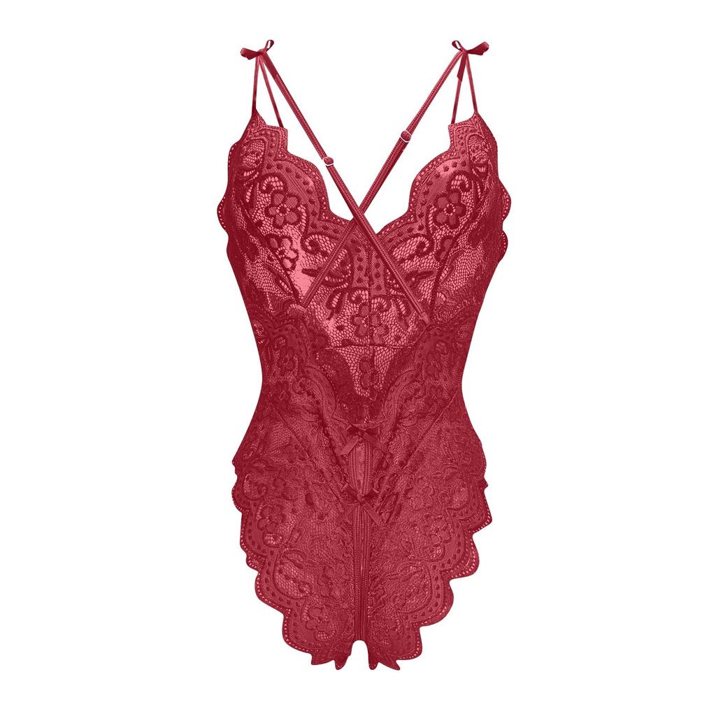 Women's Sexy Lace Lingerie Bodysuit Deep V-Neck Floral Lace Teddy, Adjustable Straps, One-Piece Sleepwear