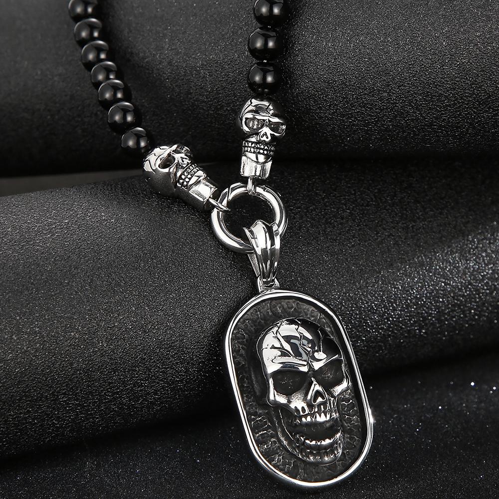 Collana con Pendente Teschio Faccia Testa Steampunk CZ da Uomo Larghezza 8MM Lunghezza 50CM Catena di Perline in Pietra Agata Gioielli in Acciaio Inossidabile